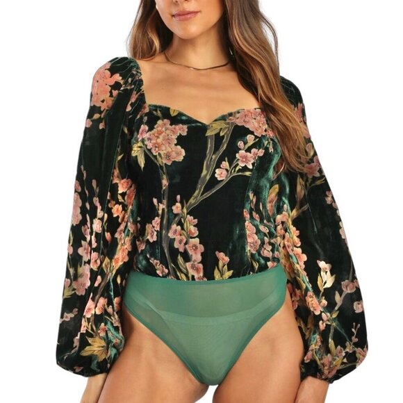 Lulus Floral Burnout Velvet Bodysuit Sz.S Green Balloon Sleeve Sweetheart Neck - Picture 1 of 12